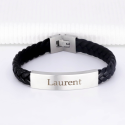 Bracelet homme gravé en acier mat et cuir tressé – Bijou personnalisable