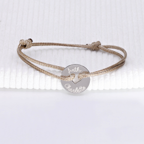 Bracelet cordon petit jeton forme coeur gravé en Argent 925 ou Plaqué or