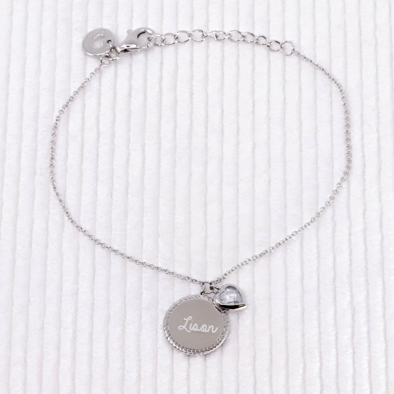 Bracelet medaille perlée coeur zirconium à personnaliser