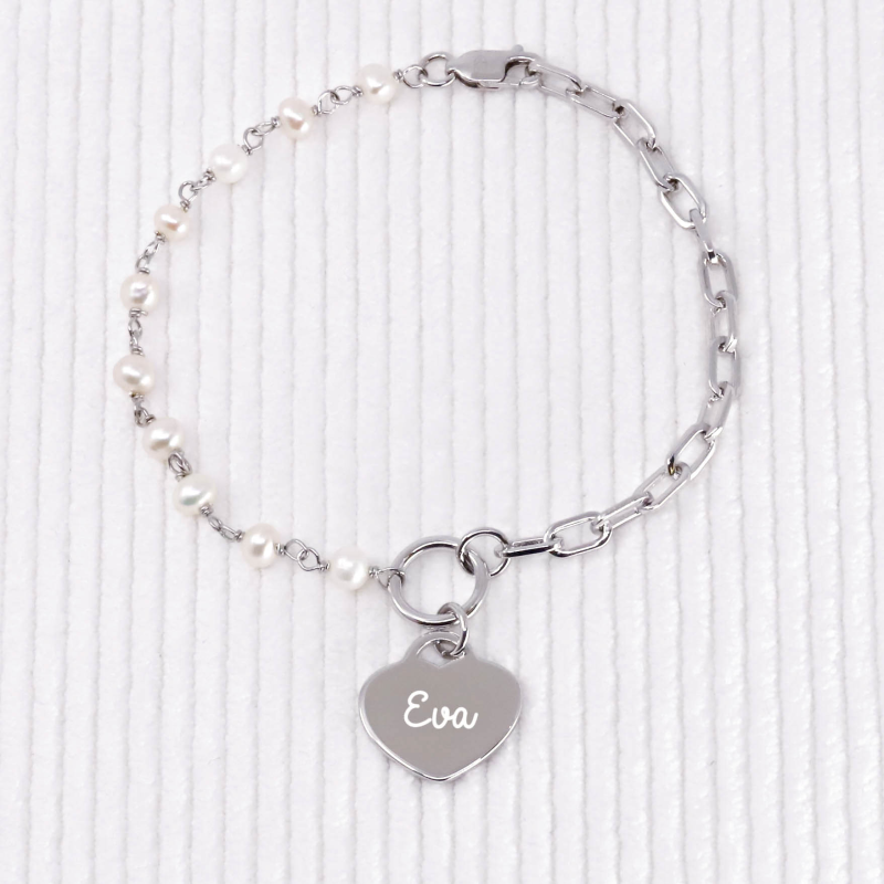 Bracelet demi chaine perlée et coeur en Argent 925 à personnaliser