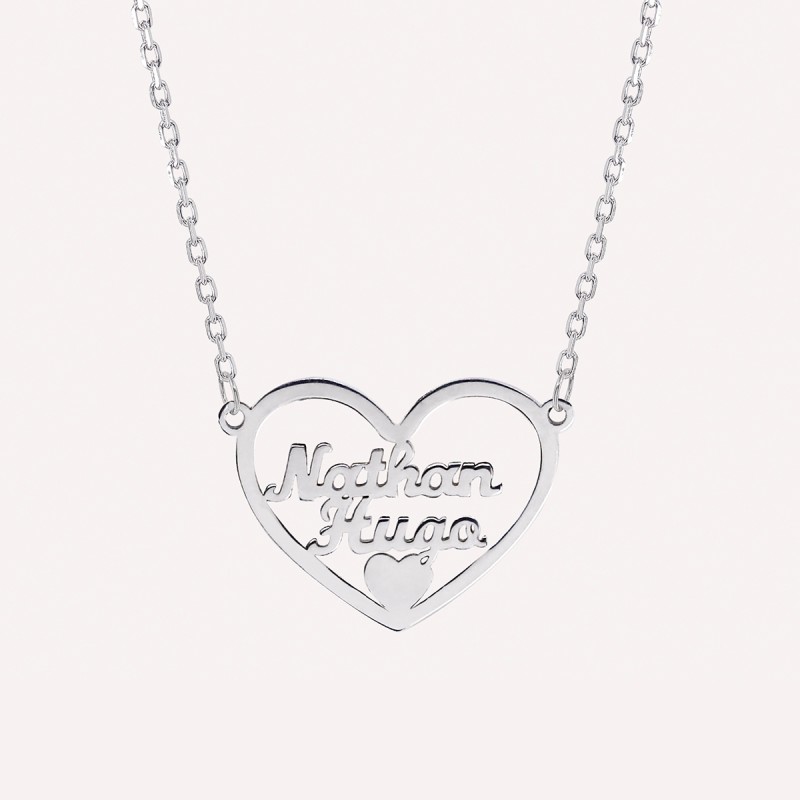 Collier 2 prénoms découpés dans un coeur en Argent 925