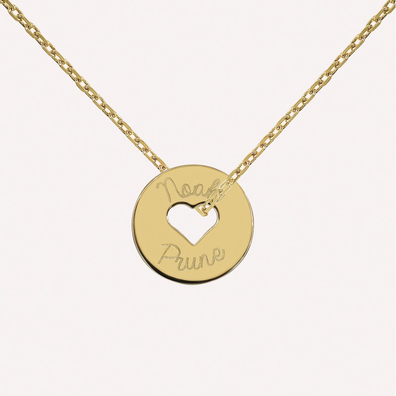 Pendentif disque coeur gravé en argent 925 ou plaqué Or