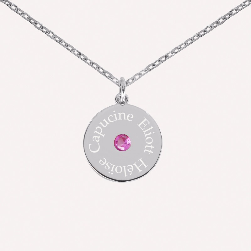 Pendentif femme argent 925 avec gravure et pierre de naissance