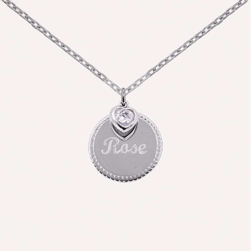 Collier coeur zirconium et médaille perlée à personnaliser